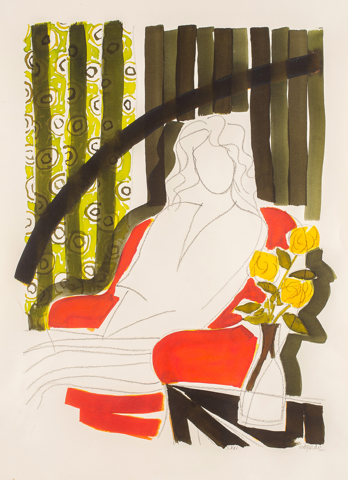Mujer, sillón rojo, flores amarillas