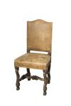 <span class='ref_item'>141 -</span> <span class="object_title">SILLA ESTILO LUIS XIV. FRANCIA, PP S.XIX</span>   <p><span class="technical_description">Silla realizada en madera de haya teñida y tallada en patas y espaciador con forma torneada. Tapizada con cuero en respaldo y asiento, rematado con tachuelas doradas. Tiene faltas en el cuero por el uso.</span><br><span class="ALTO_HCES1">101</span>x<span class="ANCHO_HCES1">47</span>x<span class="GRUESO_HCES1">41 </span><span class="GRUESOUMED_HCES1">cm.</span></p>