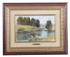 <span class='ref_item'>76 -</span> <span class="object_title">LA CHARCA, S. XX</span>   <p><span class="technique_material">Óleo sobre tabla</span><br><span class="technical_description">Escena de paisaje que muestra el paso de un río rodeado por árboles y un poblado a la lejanía. <br/>Sin firmar<br/>Con placa de latón en paspartú en la que figura el nombre de autor "F.CALVIN" y título de la obra. <br/>En marco de madera y trabajada en dorado con paspartú aterciopelado color crema. <br/>Medidas con marco: 43 x 54cm</span><br></p>