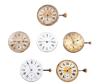 <span class='ref_item'>113 -</span> <span class="object_title">SEIS MAQUINARIAS DE RELOJ DE BOLSILLO</span>  <p><span class="technical_description">Lote compuesto por seis maquinarias con esferas de porcelana blanca, esferas doradas y esferas plateadas con motivos vegetales dorados en relieve. Numeración arábiga y romana. Todas ellas con segundero a las 6 h. a excepción de una. A uno de los segunderos le falta la aguja. Cuatro de ellas con corona, una suelta. Movimientos cuerda - llave y remontoir. Maquinarias firmadas Huguenin & Fils Pons Martel, French Royal Exchange London, esfera firmada Tavannes Watch Co., French Royal Exchange London y uno con inscripción en maquinaria "Ramón Valdés Oviedo".<br/>Peso total: 282 gr.</span><br></p>