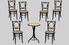 <span class='ref_item'>220 -</span> <span class="object_title">JUEGO DE SEIS SILLAS THONET Y MESA VELADOR, Ca.1920</span>   <p><span class="technical_description">Todas con numeración de ensamblaje en la parte interior, y en dos de ellas se aprecia restos de etiqueta.<br/>Realizadas en madera de frutal lacada en negro y asiento de rejilla.<br/>Mesa velador con pie de trípode de madera lacada en negro y tapa repuesta .<br/>Medidas sillas: 91 x 48 x 41 cm.<br/>Medidas mesa: 78,5 x 52 cm</span><br></p>