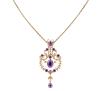 <span class='ref_item'>23 -</span> <span class="description">GARGANTILLA ART NOUVEAU EN ORO 18KT, AMATISTAS Y DIAMANTES </span>  <p><span class="description">Gargantilla realizada en oro de 18kt, con contrastes. Con motivo vegetal compuesto por ramas e hileras sinuosas decoradas por amatistas en talla oval y talla redonda engastadas en garras. Diamantes talla 8/8 engastados en chatón, culminado por una lazada y rematado en un colgante que pende articulado a modo de gota. <br>Peso total aprox de los diamantes: 0.25ct<br>Cierre: Caja con lengüeta y ocho de seguridad<br>Longitud: 47cm<br>Peso: 22,80 gr.</span></p>