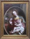 <span class='ref_item'>45 -</span> <span class="object_title">VIRGEN CON EL NIÑO JESÚS OFRECIÉNDONDOLE UNA FLOR</span>   <p><span class="author">ESCUELA ESPAÑOLA, S.XVIII  </span> <br><span class="technique_material">Óleo sobre lienzo</span><br><span class="technical_description">Representa una escena enmarcada en forma de medallón donde se muestra al niño Jesús sobre el regazo de una joven María ofreciéndole una flor. Destaca el foco de luz que emana del niño Jesús y los vivos colores que acentúan los tejidos y pétalos de las flores. <br/>Enmarcado en madera tallada y trabajada en dorado. Desperfectos en el marco. Reentelado<br/>Medidas con marco: 82 x 106cm</span><br></p>