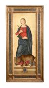 <span class='ref_item'>57 -</span> <span class="object_title">SANTA COLUMBA, COPIA DE LA OBRA ORIGINAL DE ANTONIZZO ROMANO (Italia, 1452-1508)</span>   <p><span class="technique_material">Temple sobre tabla</span><br><span class="technical_description">Esta obra forma parte de un tríptico de cinco partes. Santa Columba es una santa española del siglo IX que fue salvada milagrosamente por un oso de ser violada.<br/>Reproducción realizada por un copista autorizado por el Museo Nacional del Prado.<br/>Con marco de madera tallada, estofada y dorada de gusto renacentista.<br/>Medidas: 92,5 x 34 cm marco.</span><br></p>