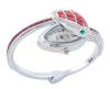 <span class='ref_item'>113 -</span> <span class="object_title">RELOJ DE PULSERA EN METAL PLATEADO, CRISTALES ROJOS, VERDES E INCOLOROS. CUARZO</span>  <p><span class="technical_description">Reloj de pulsera en metal plateado de la marca Cussi, con movimiento de cuarzo. Con forma de serpiente cuajada por cristales rojos en tallas baguette y trapecio, cristales verdes talla marquise y cristales incoloros en talla brillante. Debajo de la cabeza de la serpiente se encuentra la esfera del reloj. Brazalete abierto semirígido. En estado de marcha.<br/>Diámetro: 7cm</span><br>Peso: <span class="PESO_HCES1">47</span> <span class="PESOUMED_HCES1">gr.</span><br></p>