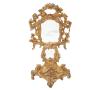 <span class='ref_item'>222 -</span> <span class="object_title">ESPEJO FRANCÉS DE PIE ESTILO LUIS XV</span>   <p><span class="technical_description">Realizado en madera tallada y dorada al oro fino. Está dividido en dos cuerpos, a modo de cartelas, el superior de mayor tamaño. Está ricamente tallado y ornamentado con rocallas, tornapuntas y motivos florales. Flanqueado, en su espacio central, por luces con forma de tritones.<br/>Presenta desperfectos en el cuerpo del espejo y en el dorado. Restauraciones doradas en las faltas superiores e inferiores.</span><br><span class="ALTO_HCES1">124</span>x<span class="ANCHO_HCES1">60 </span><span class="ANCHOUMED_HCES1">cm.</span></p>