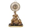 <span class='ref_item'>162 -</span> <span class="object_title">BARÓMETRO ESPAÑOL S. XIX</span>   <p><span class="technical_description">Barómetro realizado en calamina dorada. Con aparato medidor circular en la parte superior, que contiene dos termómetros (uno en grados Fahrenheit y otro en grados Reaumur) y barómetro aneroide indicador de la presión atmosférica, con mecanismo visible. Inscrito: "M.G. Aramburo - Óptico de S.M. - Calle del Príncipe Nº15 - Madrid". <br/>El aparato medidor se puede separar y tiene reasa para ser colgado. Apoyado sobre un resorte situado en una escultura femenina clásica, sentada y con elementos de sabiduría: compás, globo terráqueo con símbolos del horóscopo, catalejo y libros. Todo sobre peana de madera en negro y dorado.</span><br><span class="ALTO_HCES1">56</span>x<span class="ANCHO_HCES1">33</span>x<span class="GRUESO_HCES1">14 </span><span class="GRUESOUMED_HCES1">cm.</span></p>