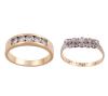 <span class='ref_item'>187 -</span> <span class="object_title">DOS CINQUILLOS EN ORO 18KT, PLATA Y DIAMANTES</span>  <p><span class="technical_description">Lote de dos sortijas cinquillo realizadas en oro de 18kt. Con diamantes en talla brillante, engastados en garras con vistas en plata en una y carril la otra, con un peso total aprox de 0.70ct (0.50ct la de carril, 0.20ct la de garras)<br/>Medida Sortijas: 17 la de carril, 12 la de garras</span><br>Peso: <span class="PESO_HCES1">6,80</span> <span class="PESOUMED_HCES1">gr.</span><br></p>