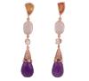 <span class='ref_item'>27 -</span> <span class="object_title">PENDIENTES EN PLATA DE LEY CHAPADOS EN ORO, ZAFIROS, PIEDRAS LUNA, DIAMANTES Y AMATISTAS</span>  <p><span class="technical_description">Pendientes largos con movimiento realizados en plata de ley chapada en oro rosa. Formados por zafiros dorados en talla fantasía con peso total aprox 0.75ct, piedras lunas en cabujón con peso total aprox 0.80ct y diamantes en talla brillante con peso total aprox 0.20ct. Rematan amatistas en talla briolette con peso total aprox 5ct<br/>Cierre: Presión<br/>Longitud: 5cm</span><br>Peso: <span class="PESO_HCES1">7,30</span> <span class="PESOUMED_HCES1">gr.</span><br></p>