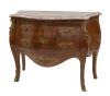 <span class='ref_item'>219 -</span> <span class="object_title">CÓMODA BOMBÉ ESTILO LUIS XV</span>   <p><span class="technical_description">Cómoda realizada en madera de nogal barnizada, con superficie en mármol claro veteado y aplicaciones en metal dorado: bocallaves, tiradores y embellecedores de las patas delanteras. Sin llave.<br/>Con mancha de humedad en el cajón superior. El primer cajón no encaja del todo al cerrar. Pequeña grieta en el lateral derecho y falta de madera en pata trasera.<br/>Medidas: 111x85cm</span><br></p>