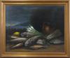 <span class='ref_item'>33 -</span> <span class="object_title">BODEGÓN DE PESCADOS Y HORTALIZAS</span>   <p><span class="author">ESCUELA ESPAÑOLA S.XIX  </span> <br><span class="technique_material">Óleo sobre lienzo</span><br><span class="technical_description">Enmarcado en madera dorada.<br/>Medidas con marco: 89 x 105cm</span><br></p>