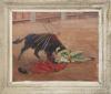 <span class='ref_item'>8 -</span> <span class="description">COGIDA Y MUERTE DE JOSELITO EN TALAVERA </span>  <p><span class="description">CARLOS VAZQUEZ (1869-1944) <br>Óleo sobre táblex<br>Representa el momento de la cogida del toro Bailaor al torero Joselito en Talavera el 16 de mayo de 1920.<br>Firmado en el ángulo inferior derecho. Al dorso titulado, con inscripción "W. M. Oberlander Private Collection".<br>Enmarcado con marco de madera. Leves pérdidas de pintura.<br>Pintor con cotización internacional<br>Medidas: 67 x 77cm con marco. 50 x 61cm sin marco</span></p>