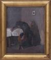 <span class='ref_item'>109 -</span> <span class="object_title">ESCENA DE INTERIOR. ESCUELA ESPAÑOLA, S.XX</span>   <p><span class="technique_material">Óleo sobre tablex</span><br><span class="technical_description">Firma ilegible en la esquina inferior derecha.<br/>Enmarcado con madera dorada. Faltas en el marco<br/>Medidas con marco: 34,5 x 28cm</span><br></p>