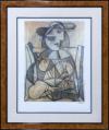 <span class='ref_item'>67 -</span> <span class="object_title">"MUJER CON LAS MANOS JUNTAS"</span>   <p><span class="author">PABLO RUÍZ PICASSO (Málaga, 1881 - Mougins, 1973)  </span> <br><span class="technique_material">Litografía a color sobre papel Arches. Enmarcado en madera barnizada con paspartú y cristal</span><br><span class="technical_description">Off set del retrato a carboncillo realizado en 1938 de Marie-Thérèse Walter. Firmado en plancha por el autor en la esquina inferior derecha y numerado 58/200 a mano en lápiz en la esquina inferior izquierda.<br/>Con sello de fundación Pablo Picasso y adhesivo de verificación de autenticidad en el reverso.<br/>Acompaña certificado de autenticidad emitido por la fundación y firmado el 3 de marzo de 2010.<br/>Medidas con marco: 63x75,5cm</span><br></p>