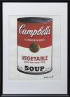 <span class='ref_item'>129 -</span> <span class="object_title">LITOGRAFÍA A COLOR "LATA DE SOPA CAMPBELL" FIRMADA EN PLANCHA </span>   <p><span class="author">ANDY WARHOL (Pittsburgh, 1928 - Nueva York, 1987)  </span> <br><span class="technique_material">Litografía offset</span><br><span class="technical_description">Con firma en plancha de Warhol en la esquina inferior derecha y numerado a lápiz 49 en la esquina inferior izquierda. Edición limitada a 100 litografías. Aparece en el catálogo razonado 1962/1987.<br/>En el reverso aparece el sello en tinta de Art Gallery New York, Tree of life y Leo Castelli Gallery y el sello en seco de Georges Israel editeur. Acompañado por la pegatina de verificación de autenticidad y certificado firmado por Art Gallery . <br/>Enmarcado en marco negro y metacrilato.<br/>Medidas sin marco: 57x38cm</span><br></p>