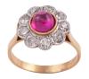 <span class='ref_item'>61 -</span> <span class="object_title">SORTIJA EN ORO BICOLOR 18KT, RUBÍ SINTÉTICO Y DIAMANTES</span>  <p><span class="technical_description">Sortija realizada en oro bicolor de 18kt. Roseta en forma de flor con rubí sintético central en cabujón oval, flanqueado por diamantes en talla antigua sobre vistas en blanco con peso total aprox 0.65ct<br/>Medida Sortija: 14</span><br>Peso: <span class="PESO_HCES1">3,20</span> <span class="PESOUMED_HCES1">gr.</span><br></p>