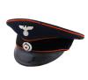<span class='ref_item'>205 -</span> <span class="object_title">GORRA DE FUNCIONARIO ALEMÁN DE LA SEGUNDA GUERRA MUNDIAL</span>   <p><span class="technical_description">En tejido azul marino y negro decorada con ribetes anaranjados. Con detalles en plateado mate de águila con la cruz gamada y visera negra. Interior con refuerzo y forro. Con ligero desperfecto.<br/>Muestra señales de uso.</span><br></p>