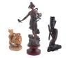 <span class='ref_item'>191 -</span> <span class="object_title">LOTE DE TRES FIGURAS DISTINTAS EN MADERA Y CALAMINA</span>   <p><span class="technical_description">Escultura en madera de sándalo tallada representando la caza de un ave. Medidas: 18,5x12cm<br/>Escultura en madera ebonizada representando una figura orante sedente. Medidas: 30x14,5cm<br/>Escultura en calamina repujado representando la alegoría a la primavera, sobre una base de madera. Medidas: 44x20cm</span><br></p>