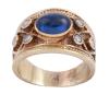 <span class='ref_item'>184 -</span> <span class="object_title">SORTIJA EN ORO 14KT, ZAFIRO Y DIAMANTES</span>  <p><span class="technical_description">Sortija realizada en oro de 14kt, con diseño inspirado en la colección Malpica de Yanes. Zafiro central en cabujón oval con peso aprox 2ct y 6 diamantes en talla brillante con peso total aprox 0.30ct. Inscripción interior "Vca"<br/>Medida Sortija: 12 </span><br>Peso: <span class="PESO_HCES1">12,40</span> <span class="PESOUMED_HCES1">gr.</span><br></p>
