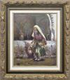 <span class='ref_item'>39 -</span> <span class="object_title">"NIÑA DEL CÁNTARO" (S.XX)</span>   <p><span class="technique_material">Óleo sobre lienzo</span><br><span class="technical_description">Representa una joven ataviada con tradicionales vestimentas árabes llenando un cántaro de agua. <br/>Firmado Turino en la zona inferior izquierda. Titulado en el reverso del cuadro. <br/>Enmarcado en madera tallada y dorada.<br/>Medidas con marco: 81,5x73cm</span><br></p>