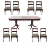 <span class='ref_item'>218 -</span> <span class="object_title">CONJUNTO DE MESA DE COMEDOR Y SILLAS </span>   <p><span class="technical_description">Mesa realizada en madera tallada en faldón y colocada sobre dos soportes de tres patas talladas rematadas con detalle dorado. Tabla de la masa con notables desperfectos.<br/>Medidas: 190x106x75cm<br/>Ocho sillas talladas en respaldo y tapizadas en color verde. Asientos con ligeros desperfectos. <br/>Medidas: 85x46x38cm</span><br></p>