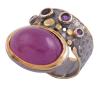 <span class='ref_item'>148 -</span> <span class="object_title">SORTIJA EN PLATA 925 CON CHAPADO EN ORO, RUBÍ Y AMATISTAS. JOYERÍA DE AUTOR, PIEZA ÚNICA</span>  <p><span class="technical_description">Sortija realizada en plata de ley 925 con contraste y partes chapadas en oro. Gran rubí en cabujón oval con peso aprox 8.50ct y amatistas en talla redonda con peso total aprox 0.30ct<br/>Medida Sortija: 14</span><br>Peso: <span class="PESO_HCES1">10,70</span> <span class="PESOUMED_HCES1">gr.</span><br></p>