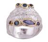 <span class='ref_item'>198 -</span> <span class="object_title">SORTIJA EN PLATA 925 CON CHAPADO EN ORO, TANZANITA Y ZAFIROS. JOYERÍA DE AUTOR, PIEZA ÚNICA</span>  <p><span class="technical_description">Sortija realizada en plata de ley 925 con contraste y partes chapadas en oro. Adornada por una tanzanita en talla marquise con peso aprox 0.40ct y zafiros en talla redonda con peso aprox 0.20ct<br/>Medida Sortija: 13</span><br>Peso: <span class="PESO_HCES1">6,60</span> <span class="PESOUMED_HCES1">gr.</span><br></p>