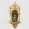 <span class='ref_item'>69 -</span> <span class="object_title">CRISTO ATADO A LA COLUMNA</span>   <p><span class="author">ESCUELA CUZQUEÑA S.XIX</span> <br><span class="technique_material">Madera policromada</span><br><span class="technical_description">Talla siguiendo modelo renacentistas. Representa la figura de Cristo atado a la columna rematada con el gallo. Enmarcado en una hornacina en forma de arco de medio punto en madera tallada, policromada en azul y dorada al agua, con remate en forma de medallón, roleos florales y tornapuntas. El interior de la hornacina está decorada en plateado con motivos florales tallados y en relieve.<br/>Hornacina: 77 x 34 x 18cm<br/>Cristo: 30cm</span><br></p>