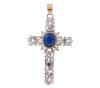 <span class='ref_item'>241 -</span> <span class="object_title">COLGANTE CRUZ EN PLATA 800 Y ORO 14KT, ZAFIRO SÍNTETICO Y PIEDRAS BLANCAS</span>  <p><span class="technical_description">Colgante en forma de cruz latina realizado en plata 800. Diseño calado con zafiro sintético en talla oval y adorno de piedras blancas. Asa para colgar grande realizada en oro 14kt<br/>Medidas: 6 x 3cm</span><br>Peso: <span class="PESO_HCES1">6,50</span> <span class="PESOUMED_HCES1">gr.</span><br></p>