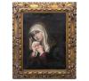 <span class='ref_item'>23 -</span> <span class="object_title">VIRGEN DOLOROSA</span>   <p><span class="author">SIGUIENDO MODELO DE BARTOLOMÉ ESTEBAN MURILLO, S. XVIII</span> <br><span class="technique_material">Óleo sobre lienzo</span><br><span class="technical_description">Representa la Virgen María sobre un fondo negro con sus manos en posición de súplica y un rostro marcado por la tristeza.<br/>Enmarcado en madera tallada y dorada<br/>Sin firma<br/>Medidas con marco: 79,5x64cm</span><br></p>