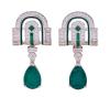 <span class='ref_item'>77 -</span> <span class="object_title">PENDIENTES EN PLATA DE LEY 925, CIRCONITAS Y ESMERALDAS SINTÉTICAS</span>  <p><span class="technical_description">Pareja de pendientes realizados en plata de ley 925 con contraste. Diseño geométrico estilo Art Déco adornado con circonitas y esmeraldas sintéticas. En pendentif tallas perilla de esmeraldas sintéticas<br/>Cierre: Omega<br/>Longitud: 3,5cm</span><br>Peso: <span class="PESO_HCES1">11,70</span> <span class="PESOUMED_HCES1">gr.</span><br></p>