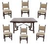 <span class='ref_item'>213 -</span> <span class="object_title">CONJUNTO DE MESA Y 6 SILLAS DE COMEDOR, ESTILO CASTELLANO</span>   <p><span class="technique_material">Madera de nogal </span><br><span class="technical_description">Mesa compuesta por dos tablas, realizada en madera de nogal tallada en tabla superior y patas. Con fiadores en metal dorado. Tabla inferior extensible. Tabla superior sin anclar. Muestra ligeros desgastes por el uso. Dos patas presentan restauraciones.<br/>Medidas: 148 x 110 x 77cm cerrada y 272cm de ancho extendida<br/>Seis sillas en madera tallada en patas y respaldo. Tapizadas en tejido beige, rematadas en tachuelas doradas en forma de flor y tachuelas simples. Con desgastes por el uso. Una de ellas muestra una mancha en el asiento. <br/>Medidas: 97x50x46cm</span><br></p>