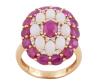 <span class='ref_item'>77 -</span> <span class="object_title">SORTIJA EN ORO 18KT, ÓPALOS, RUBÍES Y DIAMANTES</span>  <p><span class="technical_description">Sortija cóctel realizada en oro de 18kt. Ópalos blancos en cabujón oval con peso aprox 1.30ct, rubíes en talla oval con peso total aprox 3.10ct y adorno de diamantes en talla brillante con peso total aprox 0.15ct<br/>Medida Sortija: 13<br/>RefC 801218763</span><br>Peso: <span class="PESO_HCES1">7,65</span> <span class="PESOUMED_HCES1">gr.</span><br></p>