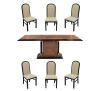 <span class='ref_item'>92 -</span> <span class="object_title">CONJUNTO DE MESA DE COMEDOR Y SILLAS</span>   <p><span class="technical_description">Mesa de comedor estilo imperio en madera de raíz de caoba sobre base rectangular decorada por columnas con detalles en metal dorado. Ligeras marcas de uso<br/>Medidas: 200x97x75cm<br/>Seis sillas de comedor tapizadas en amarillo claro con estructura de madera ebonizada. Una de ellas cojea ligeramente y con notables usos.<br/>Medidas: 50x106x46cm</span><br></p>