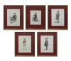 <span class='ref_item'>68 -</span> <span class="object_title">CONJUNTO DE 5 ACUARELAS DE PERSONAJES DECIMONÓNICOS</span>   <p><span class="technique_material">Acuarela sobre papel</span><br><span class="technical_description">Muestran personajes masculinos vestidos con atuendos de la época del siglo XIX.<br/>Firmados Fay y fechados en Roma &#39;34.<br/>Enmarcado en madera dorada y cristal. <br/>Medidas: 40 x 34cm con marco</span><br></p>