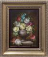 <span class='ref_item'>79 -</span> <span class="object_title">"BODEGÓN DE FLORES II"</span>   <p><span class="author">ROBERT MICHEL (Francia, 1940-2015)</span> <br><span class="technique_material">Óleo sobre lienzo</span><br><span class="technical_description">Muestra un florido jarrón con flores de distintos tipos. Realizado con una pincelada muy detallada. El lienzo presenta ligeras marchas.<br/>Firmado en la esquina inferior derecha. <br/>Enmarcado en madera tallada y dorada. <br/>Medidas con marco: 48,5 x 39,5cm</span><br></p>