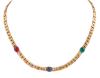 <span class='ref_item'>155 -</span> <span class="object_title">GARGANTILLA EN METAL DORADO Y PIEDRAS DE COLORES</span>  <p><span class="technical_description">Gargantilla realizada en metal dorado. Con eslabones planos fantasía y 3 piedras de color en cabujón oval<br/>Cierre: Pestaña<br/>Longitud: 41cm</span><br>Peso: <span class="PESO_HCES1">33,10</span> <span class="PESOUMED_HCES1">gr.</span><br></p>