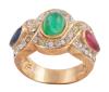 <span class='ref_item'>106 -</span> <span class="object_title">SORTIJA EN METAL DORADO, PIEDRAS DE COLOR Y CIRCONITAS</span>  <p><span class="technical_description">Sortija realizada en metal dorado. Con 3 piedras de color en cabujón oval entre dos bandas de circonitas<br/>Medida Sortija: 11</span><br>Peso: <span class="PESO_HCES1">9,60</span> <span class="PESOUMED_HCES1">gr.</span><br></p>