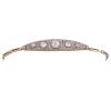 <span class='ref_item'>41 -</span> <span class="object_title">PULSERA EN ORO 16KT Y DIAMANTES</span>  <p><span class="technical_description">Pulsera de pedida antigua, realizada en oro de 16kt. Centro articulado con vistas en blanco, adornado por cuajado de diamantes y 5 diamantes mayores en talla brillante, el central con peso aprox 1.20ct, a sus laterales de 0.30.ct y al lado de estos de 0.10ct, <br/>Cierre: Caja con lengüeta, cadena y ocho de seguridad<br/>Longitud: 15cm</span><br>Peso: <span class="PESO_HCES1">9,50</span> <span class="PESOUMED_HCES1">gr.</span><br></p>