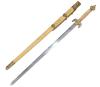 <span class='ref_item'>173 -</span> <span class="object_title">ESPADA CHINA</span>   <p><span class="technical_description">Espada china para Kung-fu, Wushu o Tai Chi. Empuñadura en metal dorado y madera con marcas talladas. Hoja en acero con grabaciones y firma del artesano de 70cm. Se acompaña de funda de madera con dibujos tallados, remates en metal dorado y soporte para colgar en la cintura.<br/>Longitud total: 95cm</span><br></p>