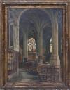 <span class='ref_item'>39 -</span> <span class="object_title">INTERIOR DE LA IGLESIA SAINT-PIERRE DE NANTEUIL-LE-HAUDOUIN</span>   <p><span class="author">C. LE HAUDOUIN (S.XIX)</span> <br><span class="technique_material">Óleo sobre lienzo</span><br><span class="technical_description">Representa el interior de una iglesia francesa en Nanteuil-le-Haudouin. Es una escena totalmente detallada.<br/>Iluminación parcial del interior de la iglesia y de la vidriera central. Esta actualmente no se conserva.<br/>Firmado (C. Le Haudouin) en el ángulo inferior izquierdo.<br/>Enmarcado.<br/>El estado de conservación es muy bueno. En el ángulo inferior derecho del reverso se muestra un pequeño parche por restauración.<br/>Medidas con marco: 97x81,5cm.</span><br></p>