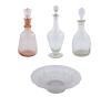<span class='ref_item'>119 -</span> <span class="object_title">LOTE. TRES DECANTADORES Y UN FRUTERO DE CRISTAL (S.XX).</span>   <p><span class="technique_material">Cristal</span><br><span class="technical_description">- Tres decantadores de licores y perfumes de cristal.<br/>Cristal modelado. Boca estrecha, cuello estilizado y cuerpo ancho al inicio y estrecho al final con pie plano circular. Tapón incluido con cabeza esférica. Medidas altura: 37,5cm. Peso: 1108,7gr.<br/>Cristal modelado. Boca estrecha, cuello corto y ancho, cuerpo abombado. Tapón incluido estilizado. Presenta piqué en la boca. Medidas altura: 34cm. Peso: 1309,4gr.<br/>Cristal modelado rosaceo. Boca ancha, cuello estilizado con ornamentación y cuerpo campaneiforme. Tapón incluido a modo de cabeza ancha. Medidas altura: 34,5cm. Peso: 778,2gr.<br/>- Frutero de cristal.<br/>Cristal soplado. Borde lobulado con ornamentación frutal en relieve. Base cóncava. Medidas altura: 9,5cm. Diámetro: 29,3cm. Peso: 2015gr.</span><br></p>