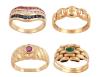<span class='ref_item'>146 -</span> <span class="object_title">LOTE 4 SORTIJAS EN ORO 18KT, DIAMANTES, ZAFIROS, RUBÍES Y ESMERALDA</span>  <p><span class="technical_description">Lote de 4 sortijas realizada en oro de 18kt. Adornados con rubíes, diamantes, zafiros y esmeralda<br/>Medida Sortija: Dos de 15 y dos de 19</span><br>Peso: <span class="PESO_HCES1">12,70</span> <span class="PESOUMED_HCES1">gr.</span><br></p>