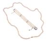 <span class='ref_item'>186 -</span> <span class="object_title">COLLAR Y PULSERA DE PERLAS</span>  <p><span class="technical_description">Lote formado por un collar largo de perlas calibras aprox en 8mm y una pulsera de 3 hilos de perlas calibras aprox en 8mm, con pasadores y broches adornados con circonitas. Broches y apliques de ambos en metal<br/>Cierre: Caja con lengüeta ambas y la pulsera con cadena de seguridad<br/>Medidas: 80cm el collar, 19cm la pulsera</span><br>Peso: <span class="PESO_HCES1">47,30</span> <span class="PESOUMED_HCES1">gr.</span><br></p>