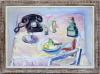 <span class='ref_item'>15 -</span> <span class="object_title">"NI VINO, NI LLAMÓ" (1986)</span>   <p><span class="author">JOSÉ ANTONIO MESA BASAN (España, 1938)</span> <br><span class="technique_material">Óleo y acuarela sobre lienzo</span><br><span class="technical_description">Muestra, a modo de bodegón contemporáneo, una mesa compuesta por varias copas, un teléfono, una jarra, fruta y una taza. Todo ello, realizado con pinceladas rápidas y empastadas.<br/>Firmado y fechado por el autor en el ángulo inferior derecho. Titulado, medido y firmado en el reverso del lienzo.<br/>Enmarcado en madera tallada parcialmente pintada de blanco.<br/>Medidas con marco: 81x108,5cm</span><br></p>