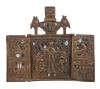 <span class='ref_item'>148 -</span> <span class="object_title">ICONO-TRÍPTICO RUSO DE VIAJE. S XVIII</span>   <p><span class="technical_description">Icono ruso para viaje realizado en bronce. Formato de tríptico con cinco escenas bíblicas y en la parte superior Cristo con ángeles adoradores. Quedan restos del antiguo esmalte de la pieza<br/>Medidas abierto: 11,3 x 9,7cm</span><br><span class="PESO_HCES1">110,80 </span><span class="PESOUMED_HCES1">gr.</span><br></p>