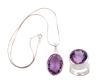 <span class='ref_item'>43 -</span> <span class="object_title">COLGANTE CON CADENA Y SORTIJA EN PLATA DE LEY Y AMATISTAS</span>  <p><span class="technical_description">Lote formado por un colgante con cadena y una sortija realizadas en plata de ley. <br/>El colgante esta compuesto por una gran amatista en talla oval con peso total aprox (11ct). La cadena es de tipo cola de ratón y cierre reasa.<br/>Longitud: 38cm<br/>La sortija está compuesta por una gran amatista en talla oval con un peso total aprox (12ct). <br/>Medida sortija: 14</span><br>Peso: <span class="PESO_HCES1">34,30</span> <span class="PESOUMED_HCES1">gr.</span><br></p>