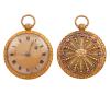 <span class='ref_item'>227 -</span> <span class="object_title">RELOJ DE BOLSILLO EN ORO DE 18 KT. FRANCES DE FINALES DEL SIGLO XVIII, SISTEMA CATALINA</span>  <p><span class="technical_description">Reloj de bolsillo en oro de 18 kt. frances de finales siglo XVIII. Contrastado y numerado 337 .Sistema catalina.<br/>Esfera también en oro con número romanos,medida de la esfera: 4 cm, la caja toda ella decorada en bisel, asa y parte trasera con minucioso y excepcional trabajo de orfebrería .En la tapa posterior 16 rubies en chatón rematando un diseño radial con flor central hacen del reloj una pieza única y excepcional.<br/>En estado de marcha. Sin llave. Ref: 2.35.1977<br/>Peso total: 54,20 gr<br/> </span><br></p>