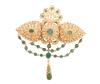 <span class='ref_item'>18 -</span> <span class="object_title">GRAN  BROCHE ANTIGUO EN ORO DE 18 KT. CON ESMERALDAS Y DIAMANTES</span>  <p><span class="technical_description">Gran broche antiguo realizado en oro de 18 kt. De gran tamaño, adorno pectoral compuesto por esmeraldas en cabujones ovalados y tallas redondas sin facetar con un peso total aprox. 12 ct y cuajado de diamantes en talla rosa con peso total aprox 4,5 ct.<br/>En parte posterior lleva gran alfiler con cierre y gancho superior para asegurar a la vestimenta<br/>Medidas: 13 x 12 cm<br/>Peso: 101,3 gr<br/> <br/> </span><br></p>