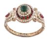 <span class='ref_item'>73 -</span> <span class="object_title">BRAZALETE EN METAL DORADO  ADORNADO POR PIEDRAS VERDES , ROJAS Y BLANCAS</span>  <p><span class="technical_description">Brazalete realizado en metal dorado con motivos centrales en oval adornados por piedras de color verde, rojo y blanco (faltan alguna de ellas)<br/>Bisagra y cierre de caja con lengüeta. Medidas: Parte más ancha: 3,5 cm. Ovalo interior: 5,5 cm</span><br>Peso: <span class="PESO_HCES1">41,2</span> <span class="PESOUMED_HCES1">gr.</span><br></p>